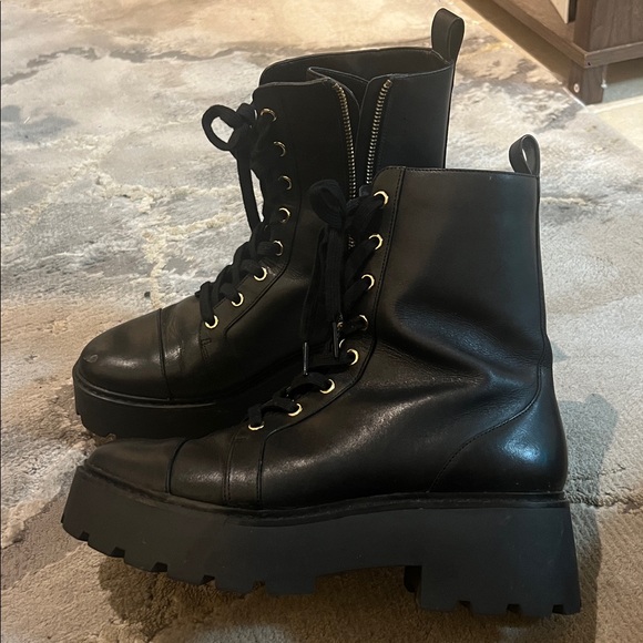 Michael Kors Black Leather  Combat Boots with Gold Accents - Picture 2 of 9